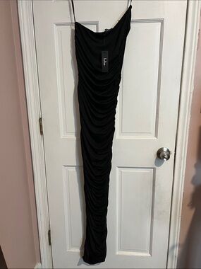 Lulu's Black Asymmetric Ruched Slip Dress
